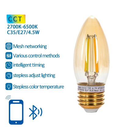 LED Žarnica FILAMENT C35 E27/4,5W/230V 2700-6500K - Aigostar