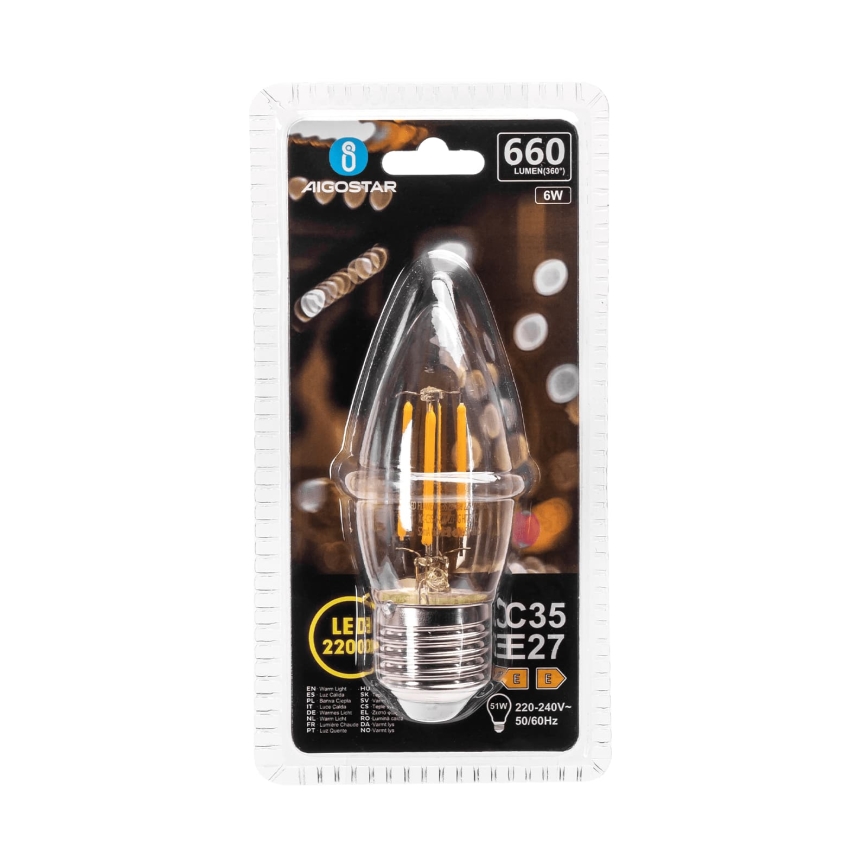 LED žarnica FILAMENT C35 E27/6W/230V 2200K - Aigostar