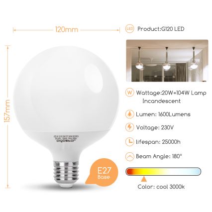LED Žarnica G120 E27/20W/230V 3000K - Aigostar