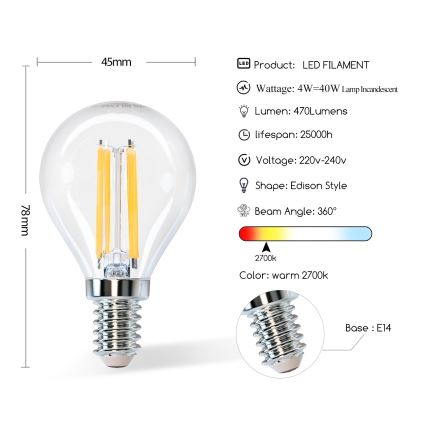 LED Žarnica G45 E14/4W/230V 2700K - Aigostar