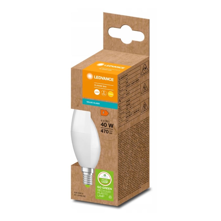 LED Žarnica iz reciklirane plastike B40 E14/4,9W/230V 2700K - Ledvance