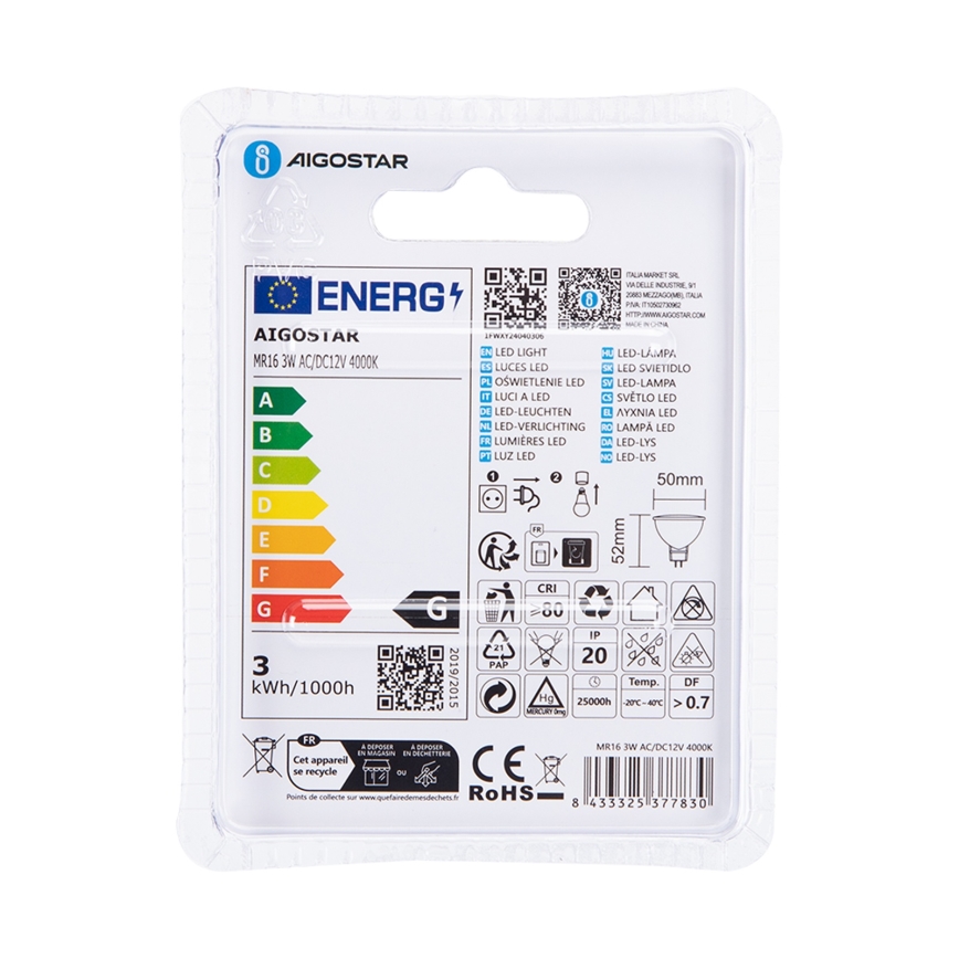 LED Žarnica MR16 GU5,3/3W/12V 4000K - Aigostar