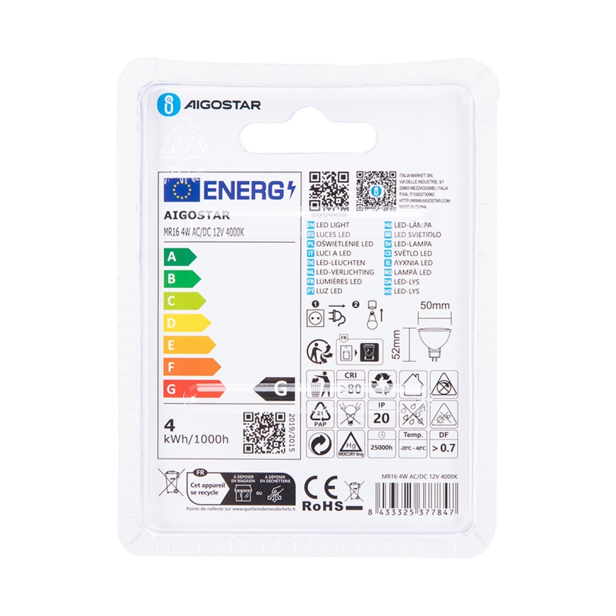 LED Žarnica MR16 GU5,3/4W/12V 4000K - Aigostar