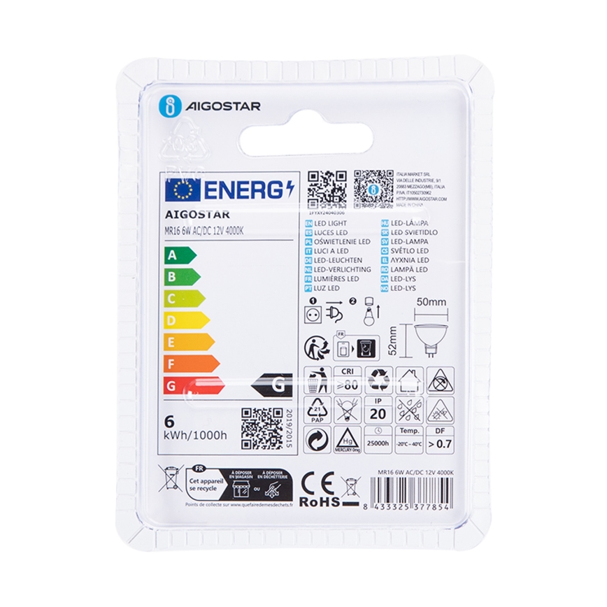 LED Žarnica MR16 GU5,3/6W/12V 4000K - Aigostar