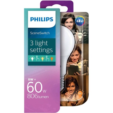 LED Žarnica Philips SCENE SWITCH A60 E27/8W/230V 2200K-2700K