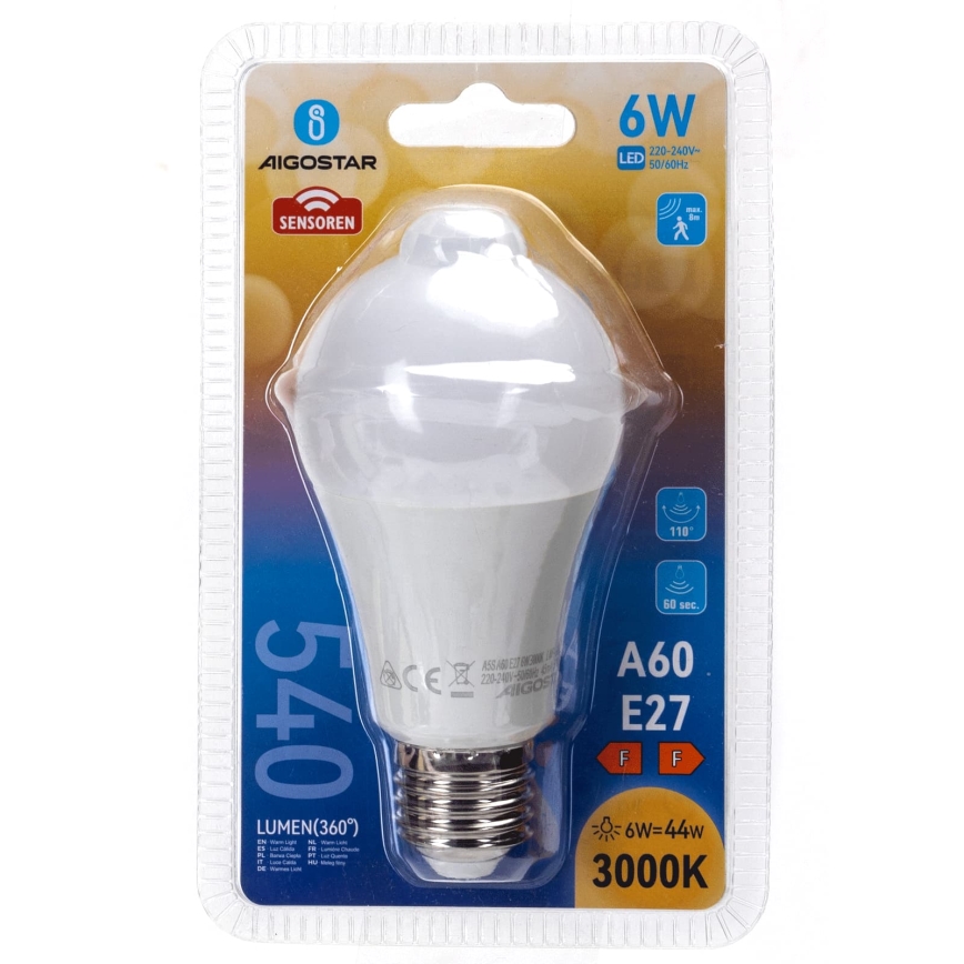 LED žarnica s senzorjem gibanja in mraka A60 E27/6W/230V 3000K - Aigostar