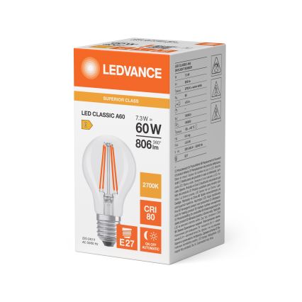 LED žarnica z senzorjem mraka CLASSIC FILAMENT A60 E27/7,3W/230V 2700K - Osram