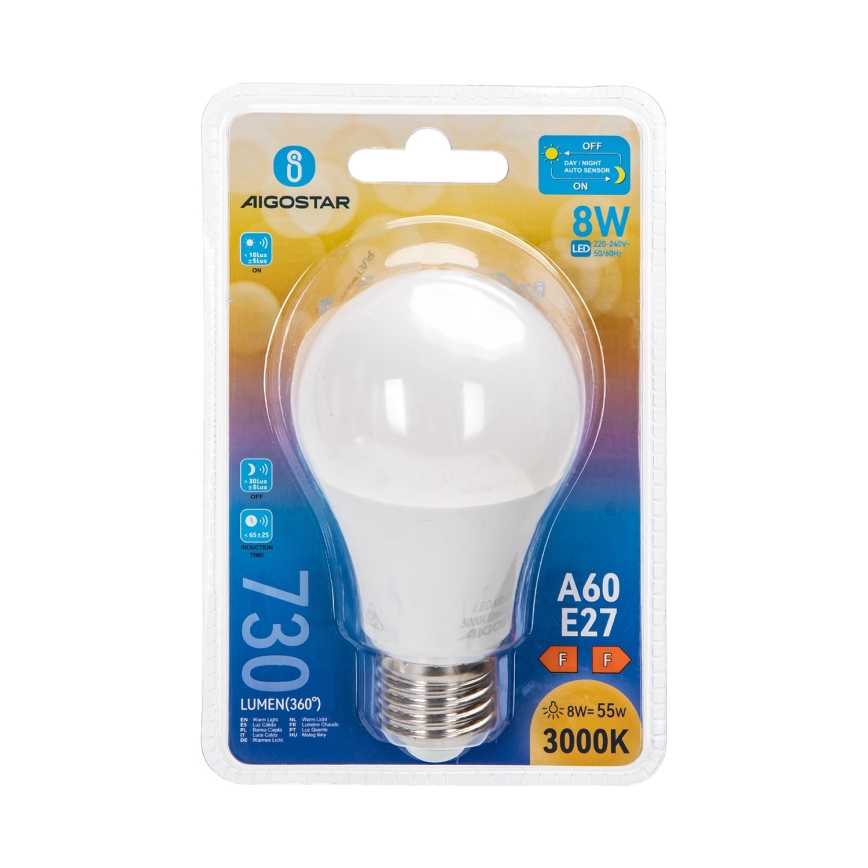LED žarnica z senzorjem mraka A60 E27/8W/230V 3000K - Aigostar