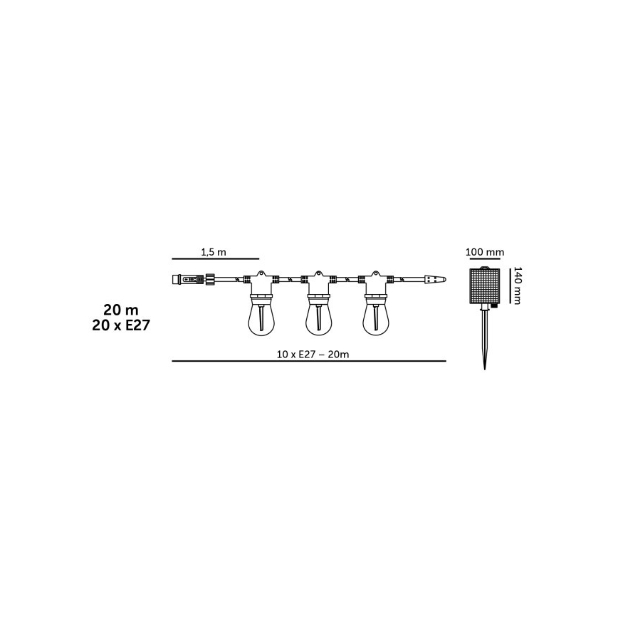 LED zatemljiv sončni dekorativni niz STARLIGHT NEO 20xE27/3,7V 2700K IP54 2400 mAh 21,5m + daljinski upravljalnik