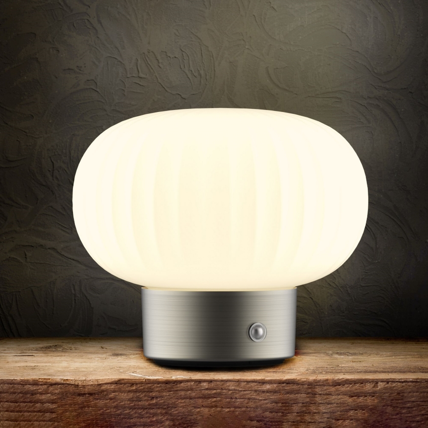 LED Zatemnitvena namizna svetilka na dotik LATTE LED/1,8W/5V USB 2000 mAh mat krom/bela