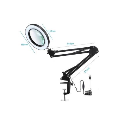 LED Zatemnitvena namizna svetilka s povečevalnim steklom LED/22W/5V 4000-6000K črna
