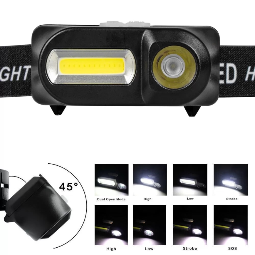 LED Zatemnitvena polnilna naglavna svetilka 2xLED/5V IP44 210 sijajni 2000 mAh