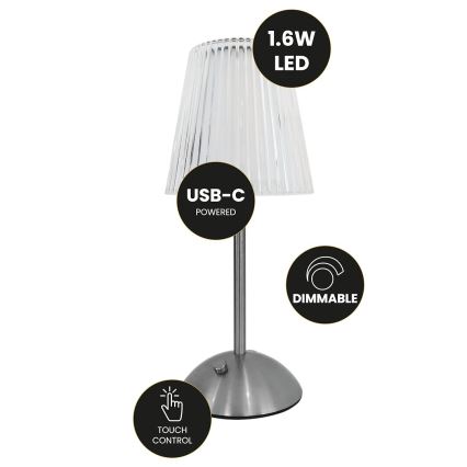 LED Zatemnitvena polnilna namizna svetilka na dotik ELBA LED/1,6W/800 mAh mat krom/prozorna