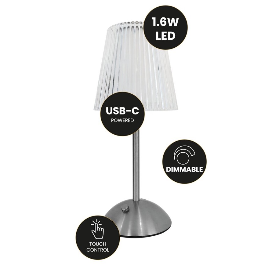 LED Zatemnitvena polnilna namizna svetilka na dotik ELBA LED/1,6W/800 mAh mat krom/prozorna