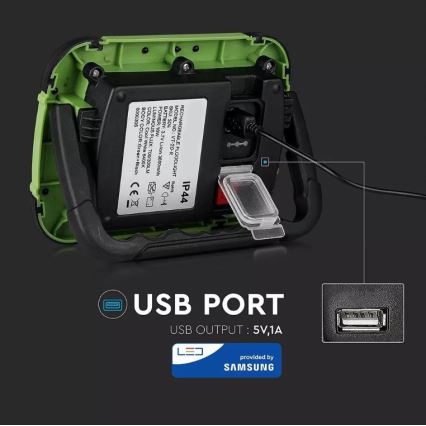 LED Zatemnitvena polnilna reflektor SAMSUNG CHIP + funkcija SOS LED/10W/3,7V/USB IP44 4000K 3600 mAh zelena