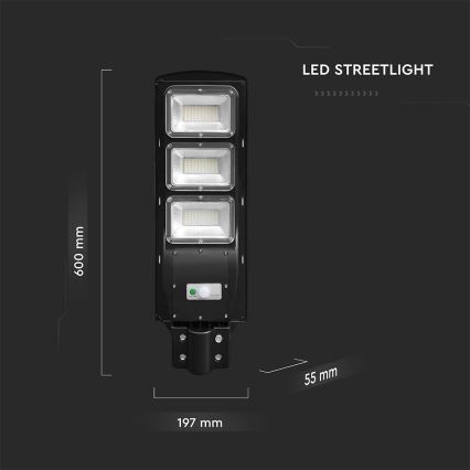 LED Zatemnitvena solarna ulična svetilka s senzorjem gibanja in mraka LED/12W/3,2V 6000K IP65 10000 mAh črna + Daljinski upravljalnik