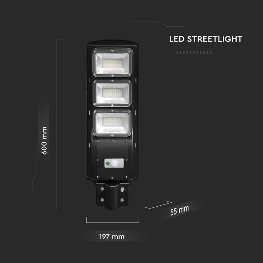 LED Zatemnitvena solarna ulična svetilka s senzorjem gibanja in mraka LED/12W/3,2V 6000K IP65 10000 mAh črna + Daljinski upravljalnik