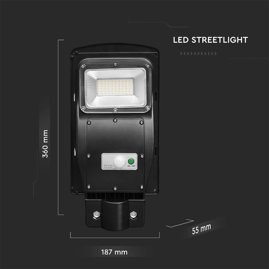 LED Zatemnitvena solarna ulična svetilka s senzorjem gibanja in mraka LED/6W/3,2V 6000K IP65 5000 mAh črna + Daljinski upravljalnik
