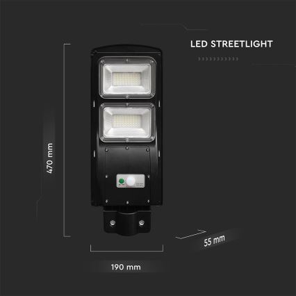 LED Zatemnitvena solarna ulična svetilka s senzorjem gibanja in mraka LED/8W/3,2V 6000K IP65 9000 mAh črna + Daljinski upravljalnik