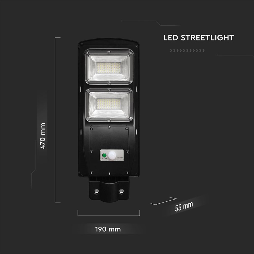 LED Zatemnitvena solarna ulična svetilka s senzorjem gibanja in mraka LED/8W/3,2V 6000K IP65 9000 mAh črna + Daljinski upravljalnik