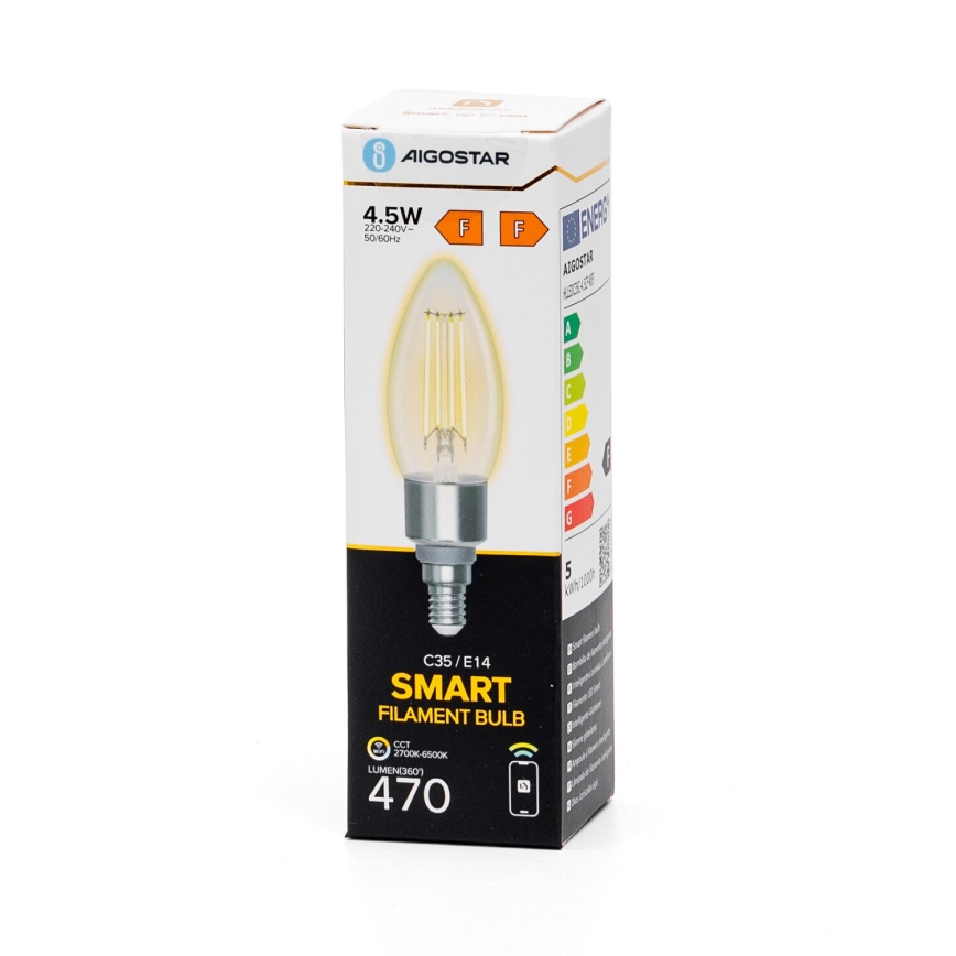 LED Zatemnitvena žarnica FILAMENT C35 E14/4,5W/230V 2700-6500K Wi-Fi - Aigostar