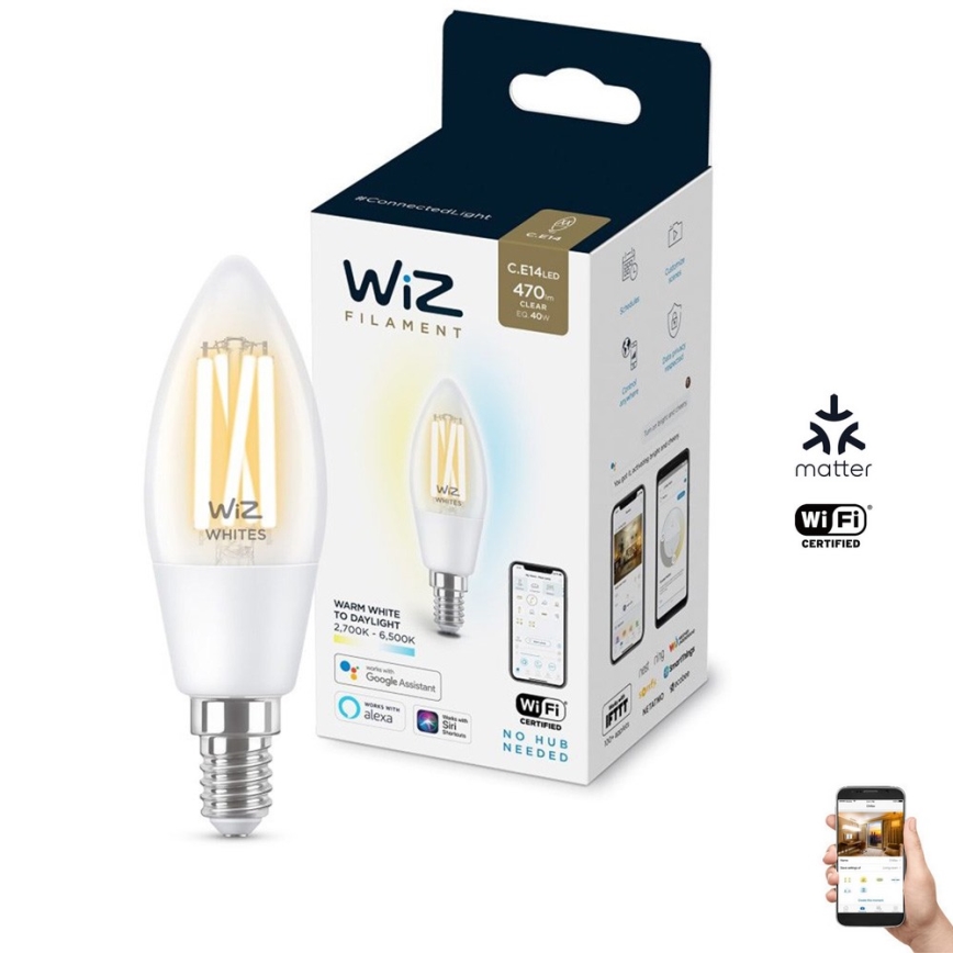 LED Zatemnitvena žarnica FILAMENT C35 E14/4,9W/230V 2700-6500K CRI 90 Wi-Fi - WiZ