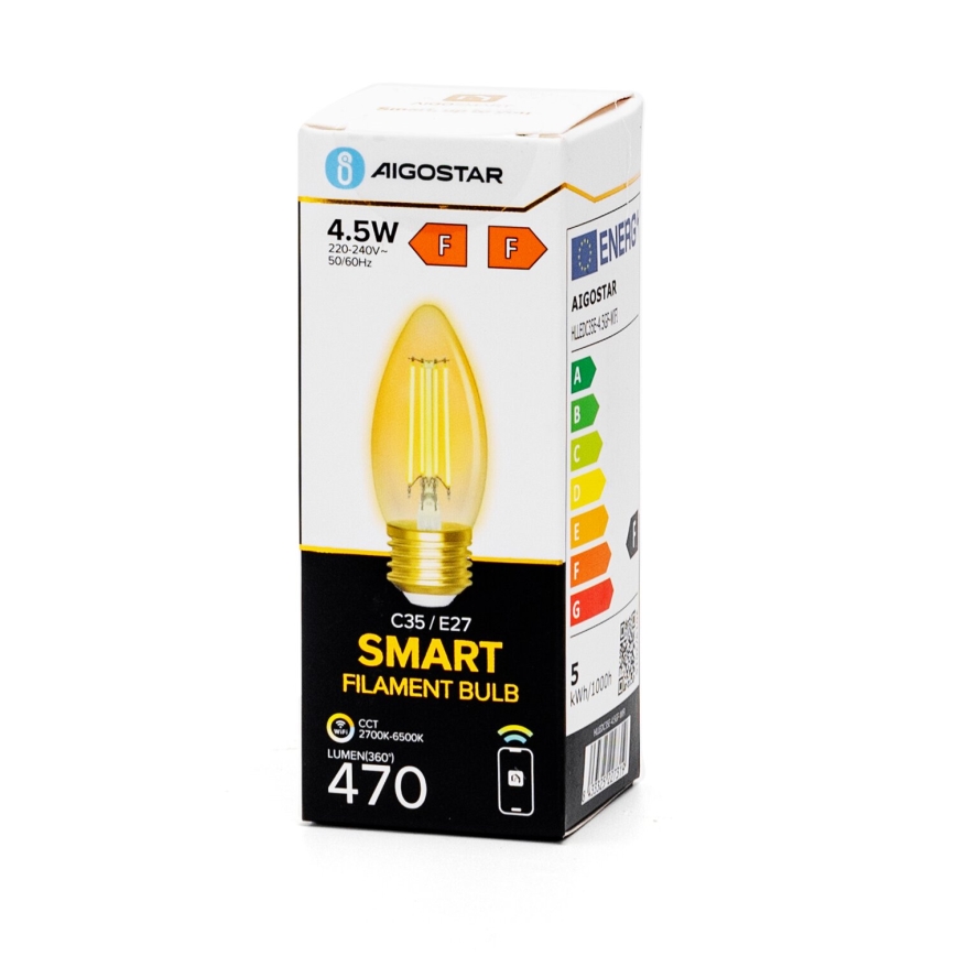 LED Zatemnitvena žarnica FILAMENT C35 E27/4,5W/230V 2700-6500K Wi-Fi - Aigostar