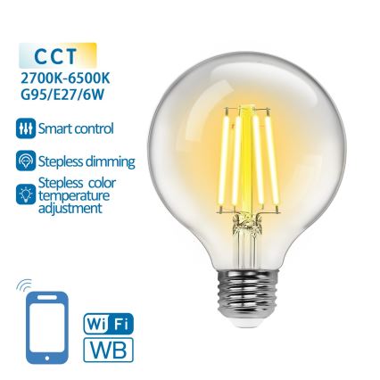 LED Zatemnitvena žarnica FILAMENT G95 E27/6W/230V 2700-6500K Wi-Fi - Aigostar