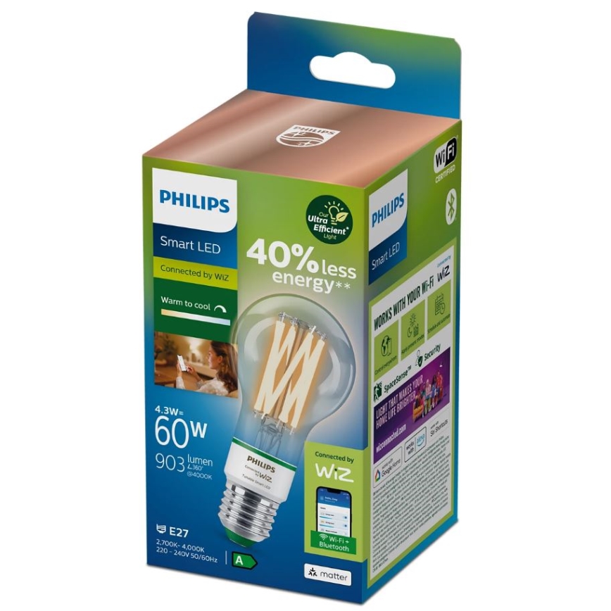 LED Zatemnitvena žarnica Philips A60 E27/4,3W/230V 2700-4000K CRI 90 Wi-Fi