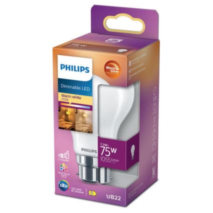 LED Zatemnitvena žarnica Philips Warm Glow A60 B22/7,2W/230V 2200-2700K CRI 90