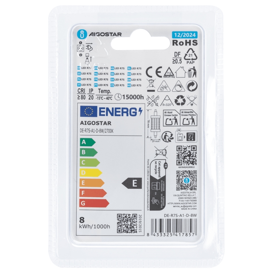 LED Zatemnitvena žarnica R7s/8W/230V 2700K - Aigostar
