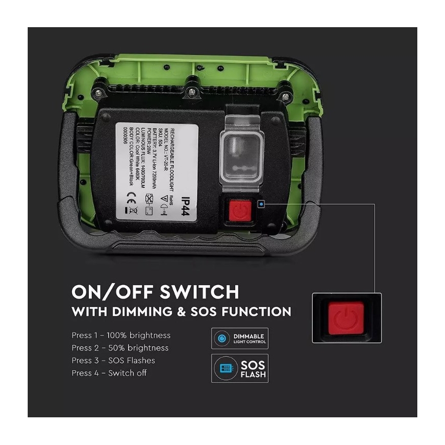LED Zatemnitveni baterijski reflektor SAMSUNG CHIP + SOS funkcija LED/10W/3,7V/USB IP44 4000K zelen