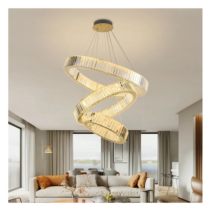 LED Zatemnitveni kristalni lestenec na vrvici LED/115W/230V 3000-6500K krom/zlata + Daljinski upravljalnik