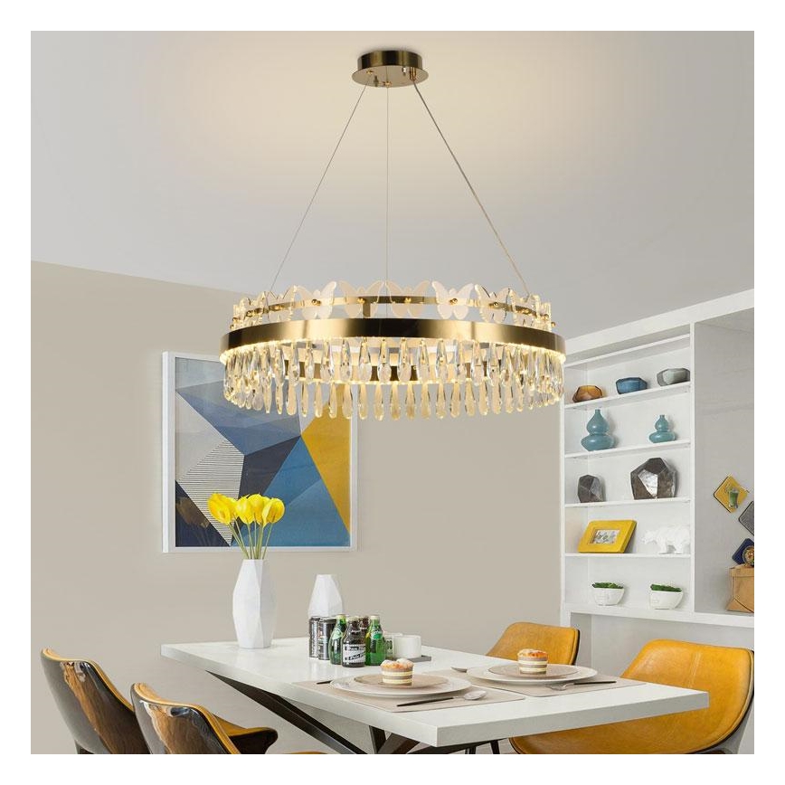 LED Zatemnitveni kristalni lestenec na vrvici LED/80W/230V 3000-6500K zlata + Daljinski upravljalnik