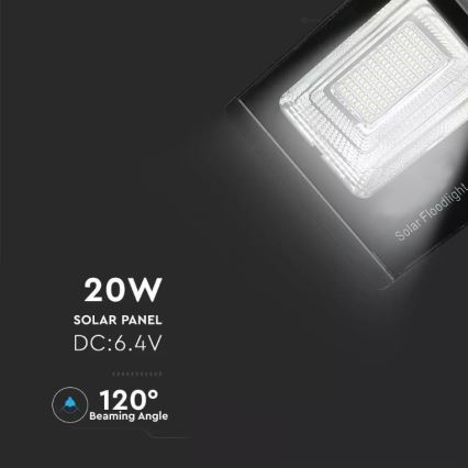 LED Zatemnitveni solarni reflektor LED/20W/6,4V 4000K IP65 + Daljinski upravljalnik