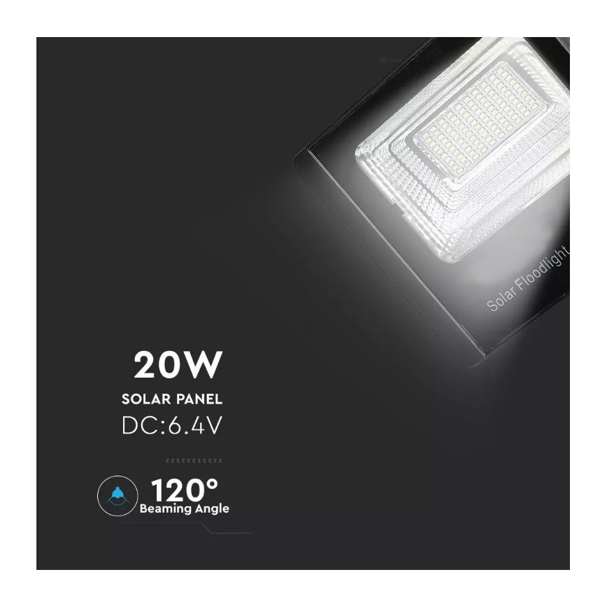 LED Zatemnitveni solarni reflektor LED/20W/6V 6000K IP65 + Daljinski upravljalnik
