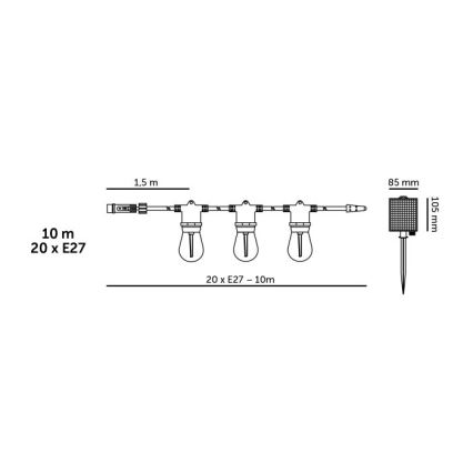 LED zatemljiv solarni dekorativni niz STARLIGHT NEO 20xE27/3,7V 2700K IP54 1200 mAh 11,5m + daljinsko upravljanje