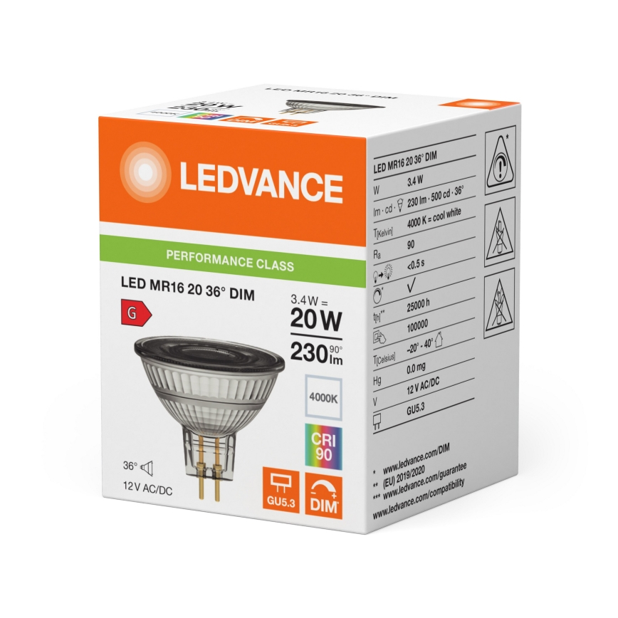 LED reflektorna žarnica MR16 GU5,3/3,4W/12V z možnostjo zatemnitve 4000K 36° CRI 90 - Ledvance