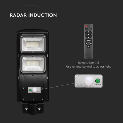 LED nastavljiva solarna ulična svetilka s senzorjem gibanja in mraka LED/8W/3,2V 6000K IP65 9000 mAh črna + daljinski upravljalnik