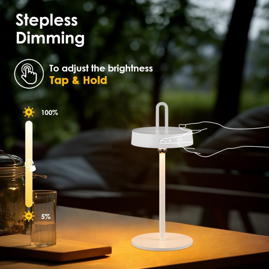 LED zatemnjevalna zunanja polnilna namizna svetilka na dotik GENTLE LED/1,5W/3,7V 3000 mAh IP44 bela