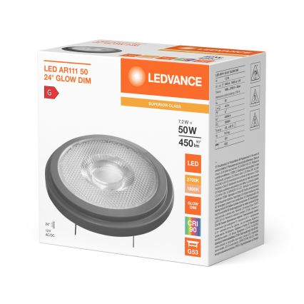 LED zatemnljiva žarnica AR111 G53/7,2W/12V 1800-2700K 24° CRI 90 - Ledvance