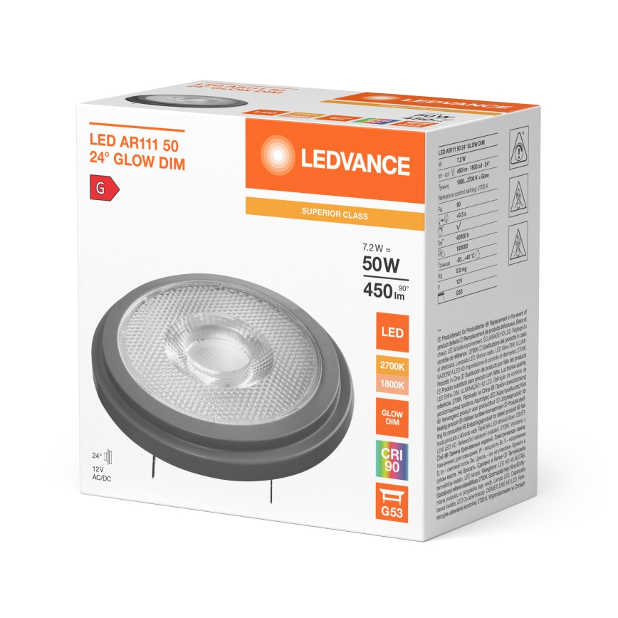 LED zatemnljiva žarnica AR111 G53/7,2W/12V 1800-2700K 24° CRI 90 - Ledvance