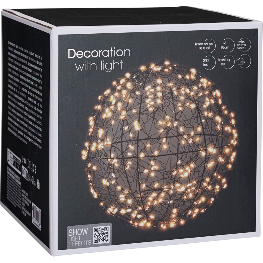 LED zunanja božična dekoracija 200xLED/230V premer 18 cm IP44 topla bela krogla/črna