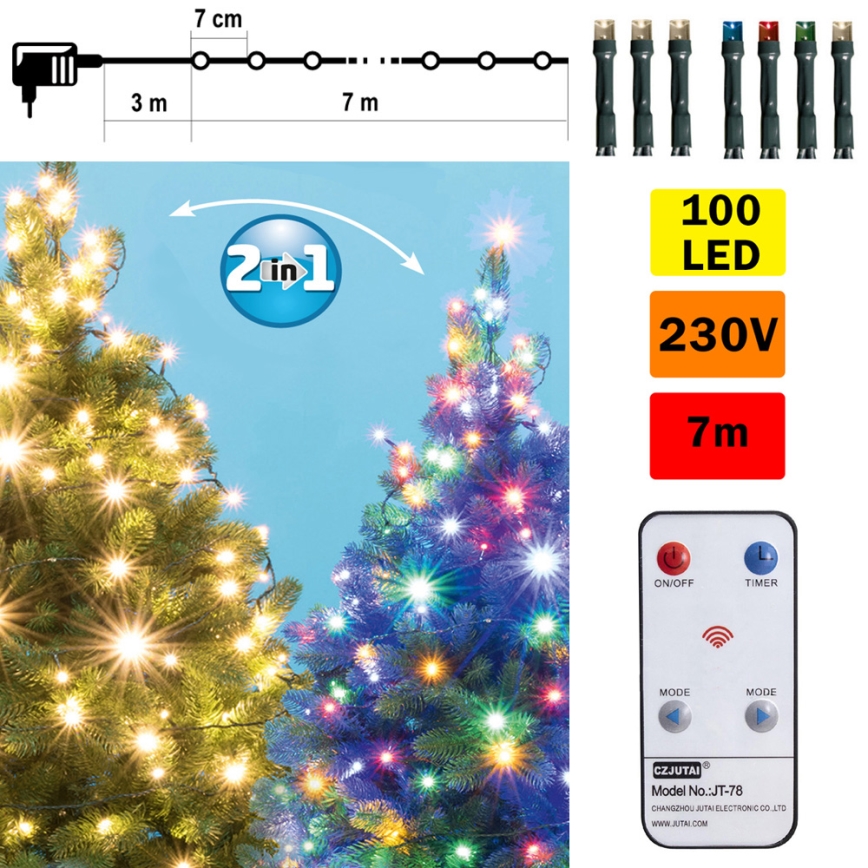 LED Zunanja božična veriga 100xLED 10m IP44 topla bela/multicolor + Daljinski upravljalnik