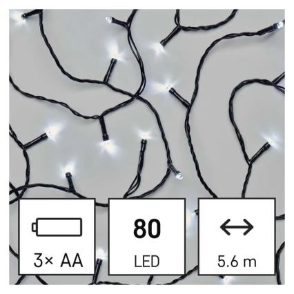 LED Zunanja božična veriga 80xLED/3xAA 6,1m IP44 hladno bela