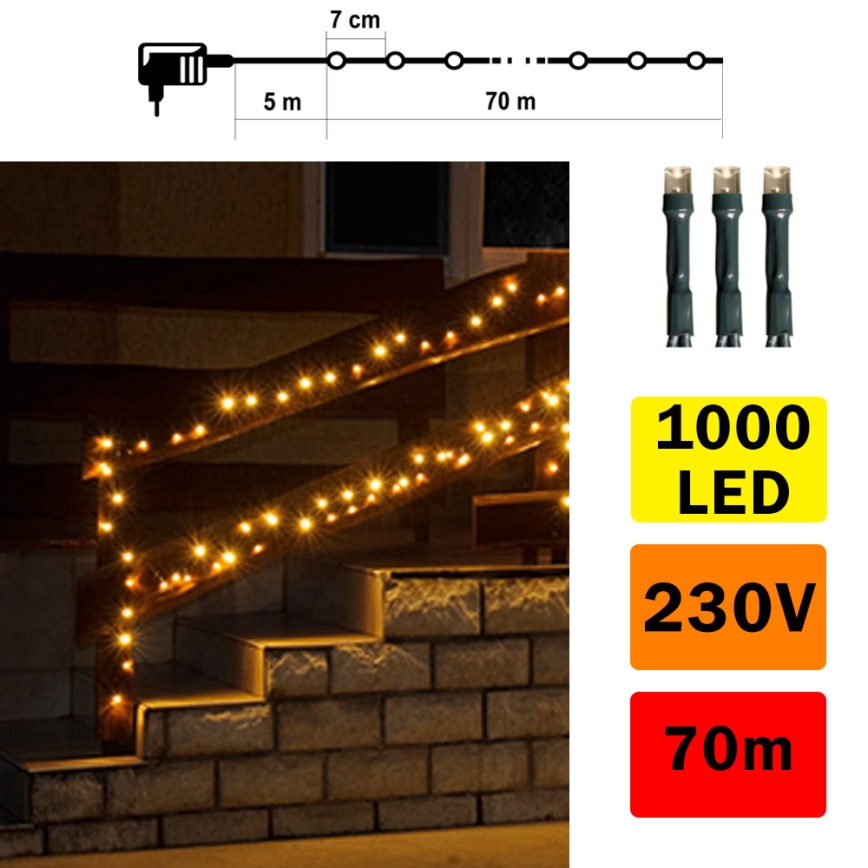 LED Zunanja svetlobna veriga 70m 1000xLED/0,06W/230V topla bela IP44