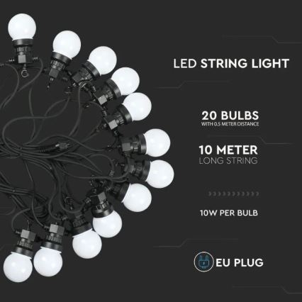 LED Zunanja veriga STRING 10m 20xLED/0,5W/230V IP44 6000K