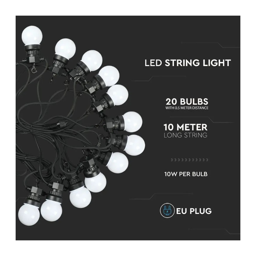 LED Zunanja veriga STRING 10m 20xLED/0,5W/230V IP44 6000K