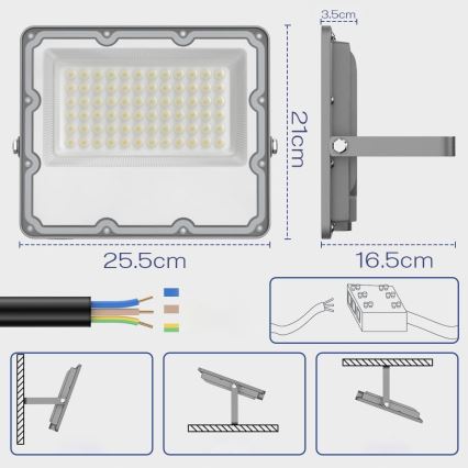LED zunanji reflektor 100 W, 230 V, 4500 K, IP65, siva
