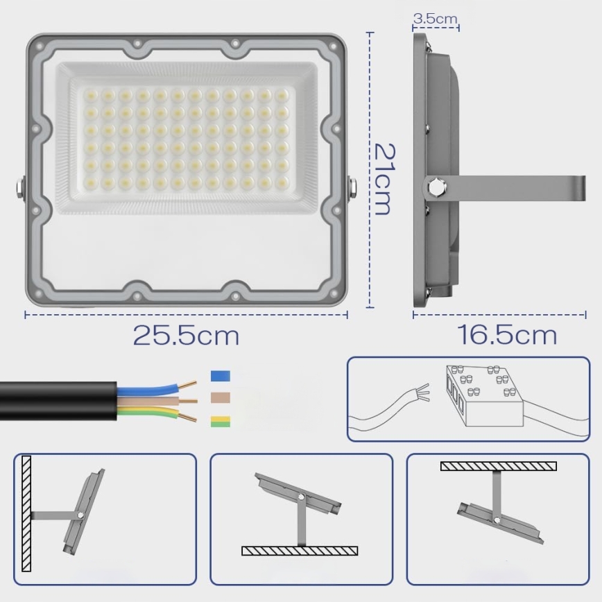 LED zunanji reflektor 100 W, 230 V, 4500 K, IP65, siva